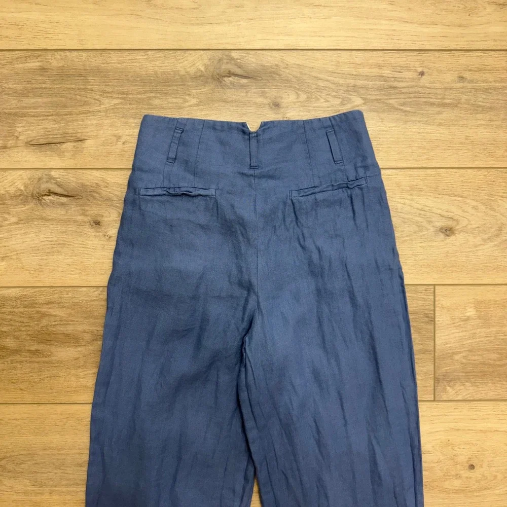 Zara Blue Linen Ultra High Waisted Wide Leg Pleated Trousers Pants Scandi Size S